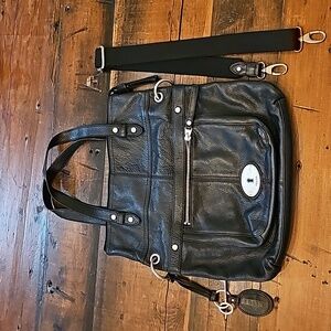 Fossil Large Black Leather Shoulder Bag With Removable Crossbody Strap